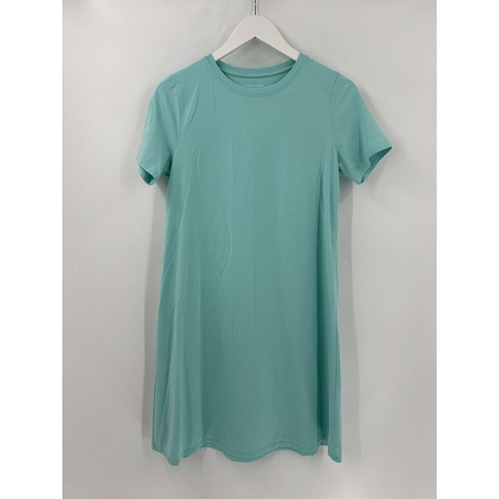 Eileen Fisher Shirt Dress Womens XS Teal Blue Short Sleeves Shift Casual Cotton